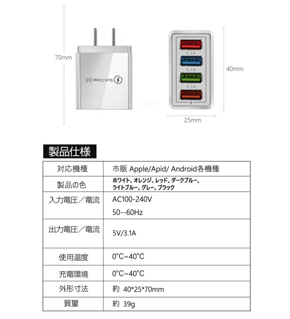 黒 4ポート Quick Charge 3.0 USB充電器 ACアダプター 急速充電器 iPhone スマホ Android 携帯電話 コンセント