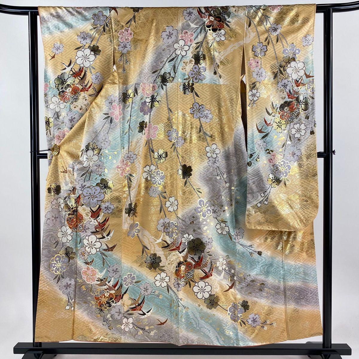 振袖 身丈154.5cm 裄丈61cm S 袷 落款 梅 鶴 金糸 金銀彩 薄
