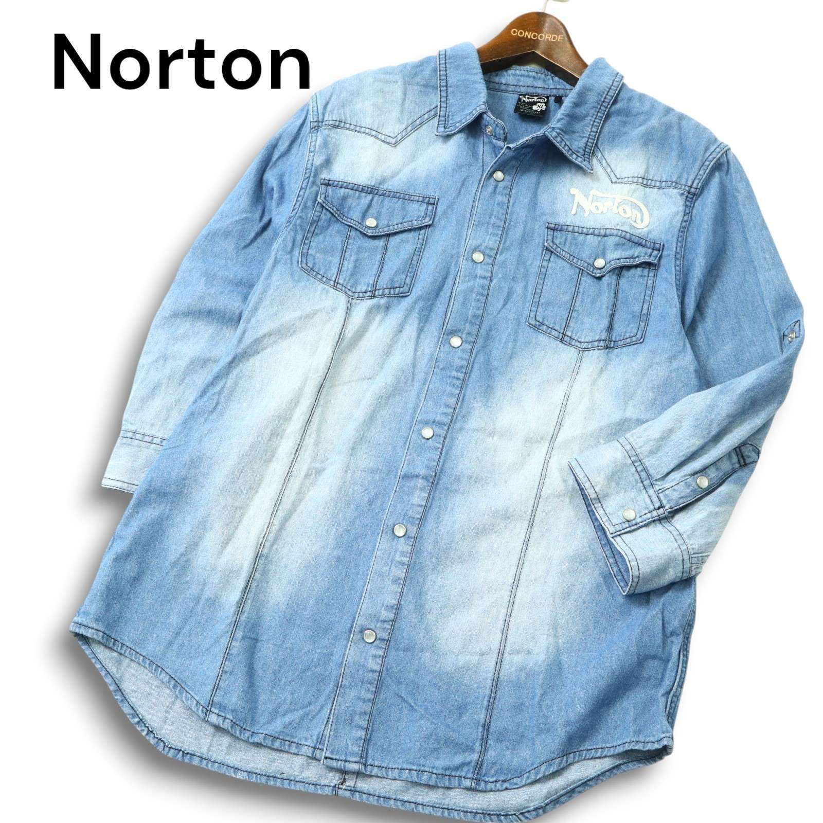 Norton ノートン 春夏 バック ロゴ刺繍☆ USED加工 7分袖