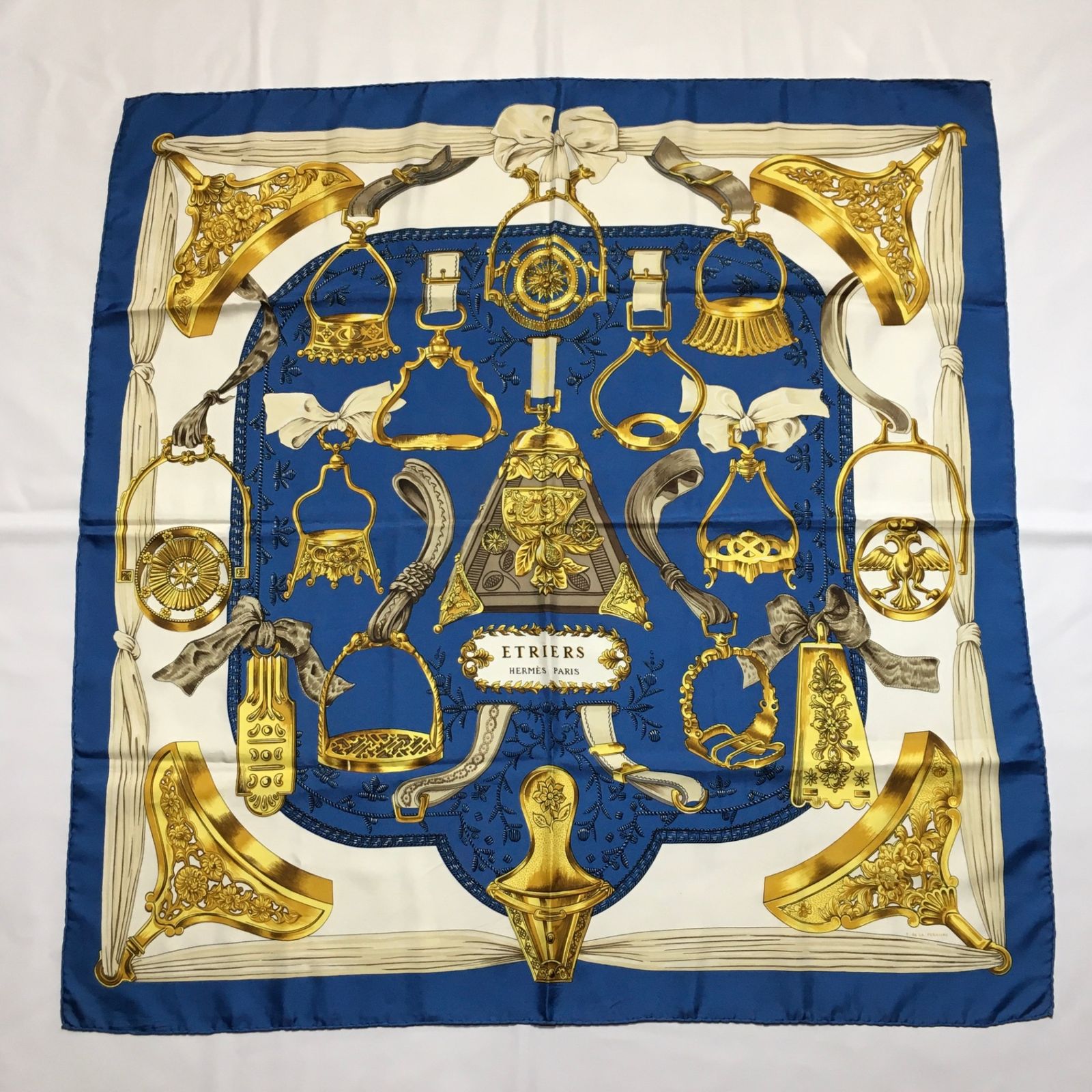 2507-99｜美品｜エルメス カレ 90 スカーフ シルク ブルー