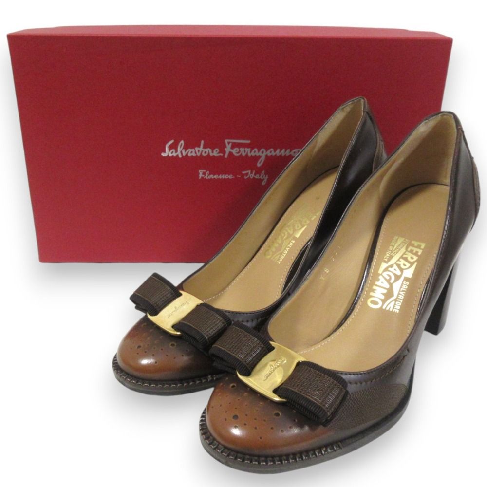 Salvatore Ferragamo サルヴァトーレフェラガモ NAFFY ヴァラリボン レザー パンプス 6.5 約24cm ブラウングラデーション レディース 古着