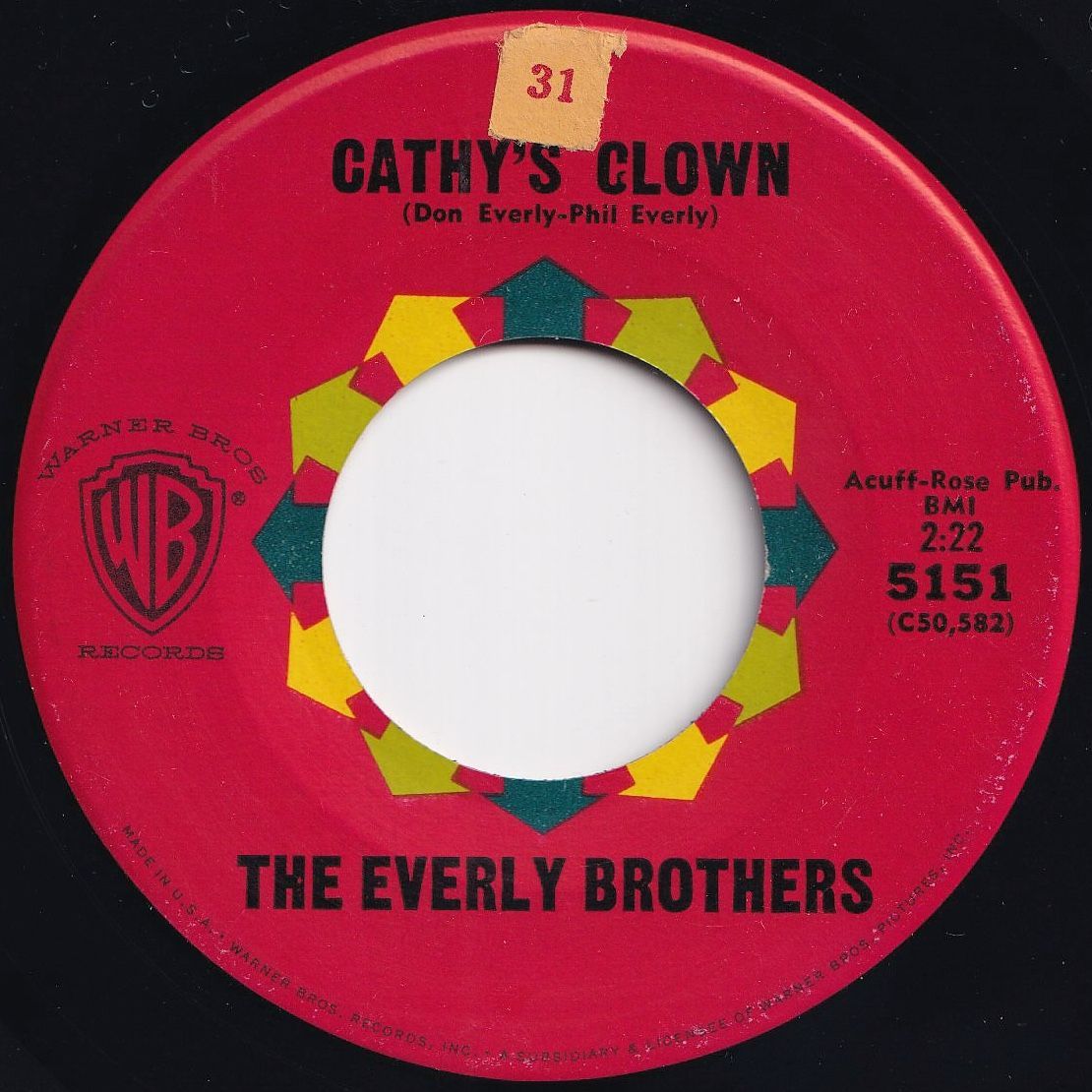 Everly Brothers Cathy's Clown / Always It's You Warner Bros. US 5151 207443  R&B R&R レコード 7インチ 45