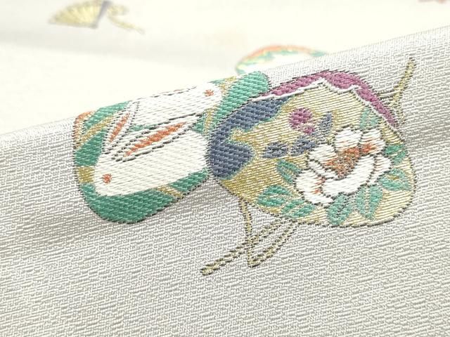 平和屋着物○九寸名古屋帯 唐織 わらべ詩 牡丹鼠色 金糸 正絹