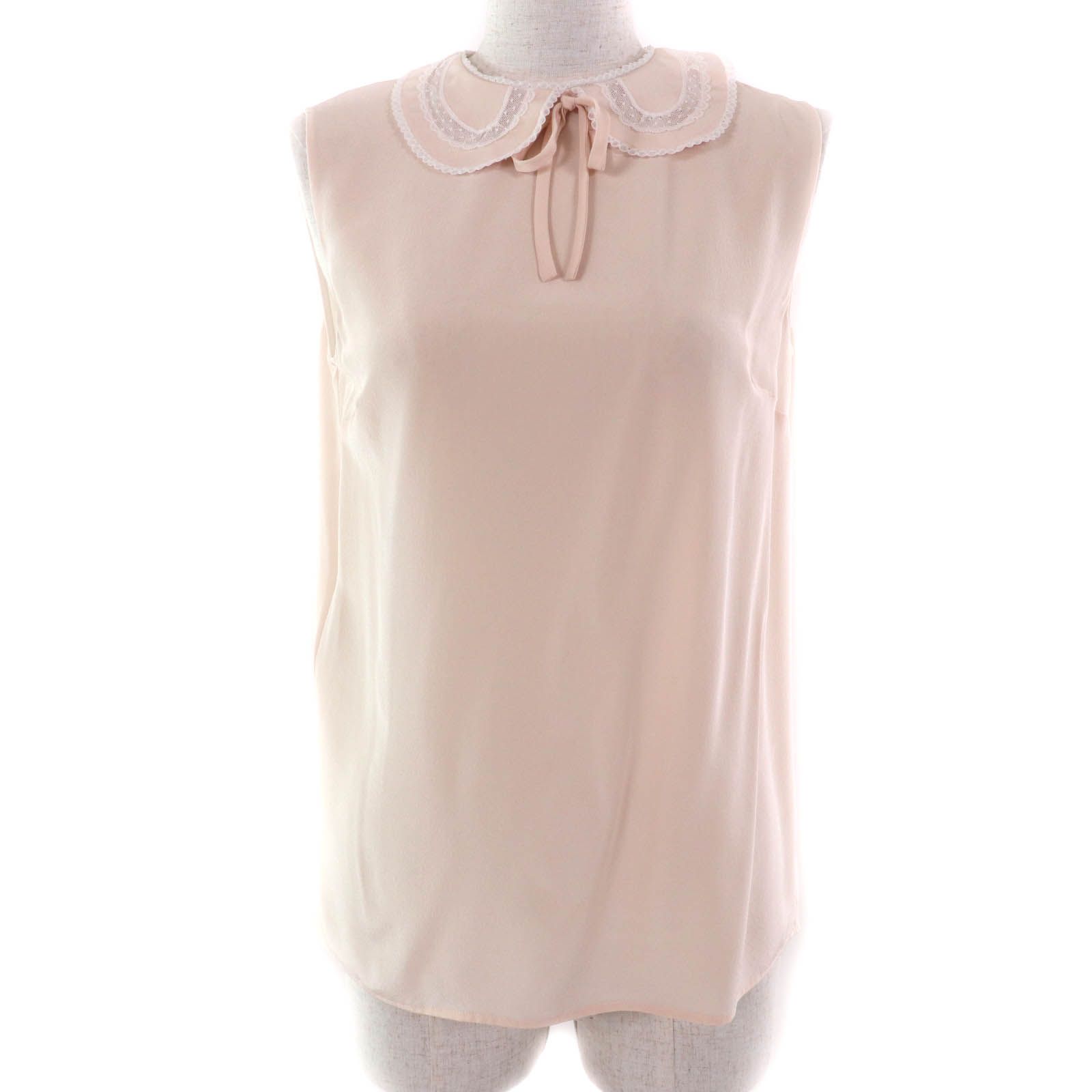 極美品★Miu Miu ミュウ ミュウ 2019年製 MT1487 シルク100％ レース使い リボンデザイン ノースリーブ ブラウス ピンクベージュ 36 極美品☆Miu Miu ミュウ ミュウ 2019年製 MT1487 シルク100％ レース