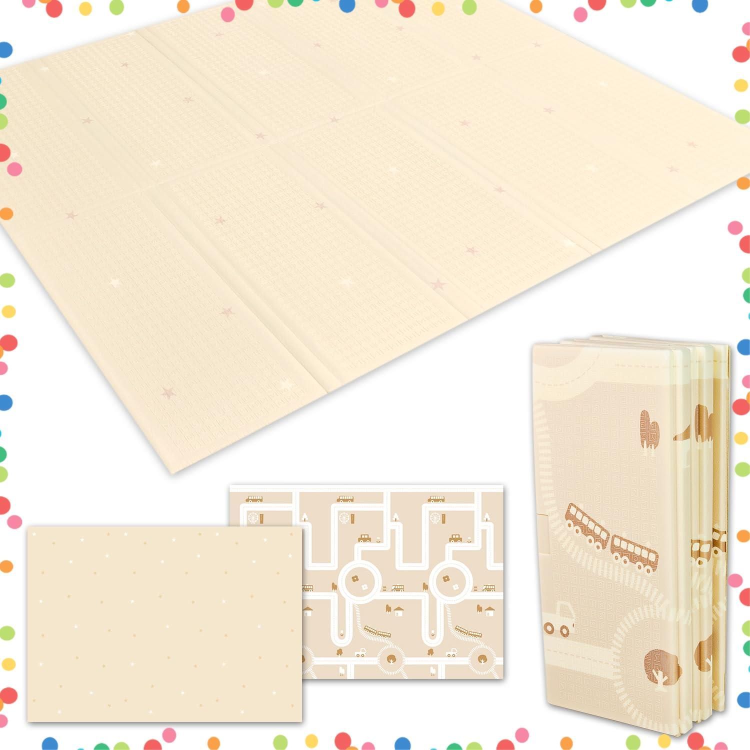 防水 防音 安全素材 折りたたみ 遊べる 赤ちゃん 両面使用可 ベビープレイマット 滑り止め 保育士監修 fungooR 200x180x2cm 日本メーカー製安全検査済 パターン4 スター ベージュ ×道路 ベージュ ベビーマット