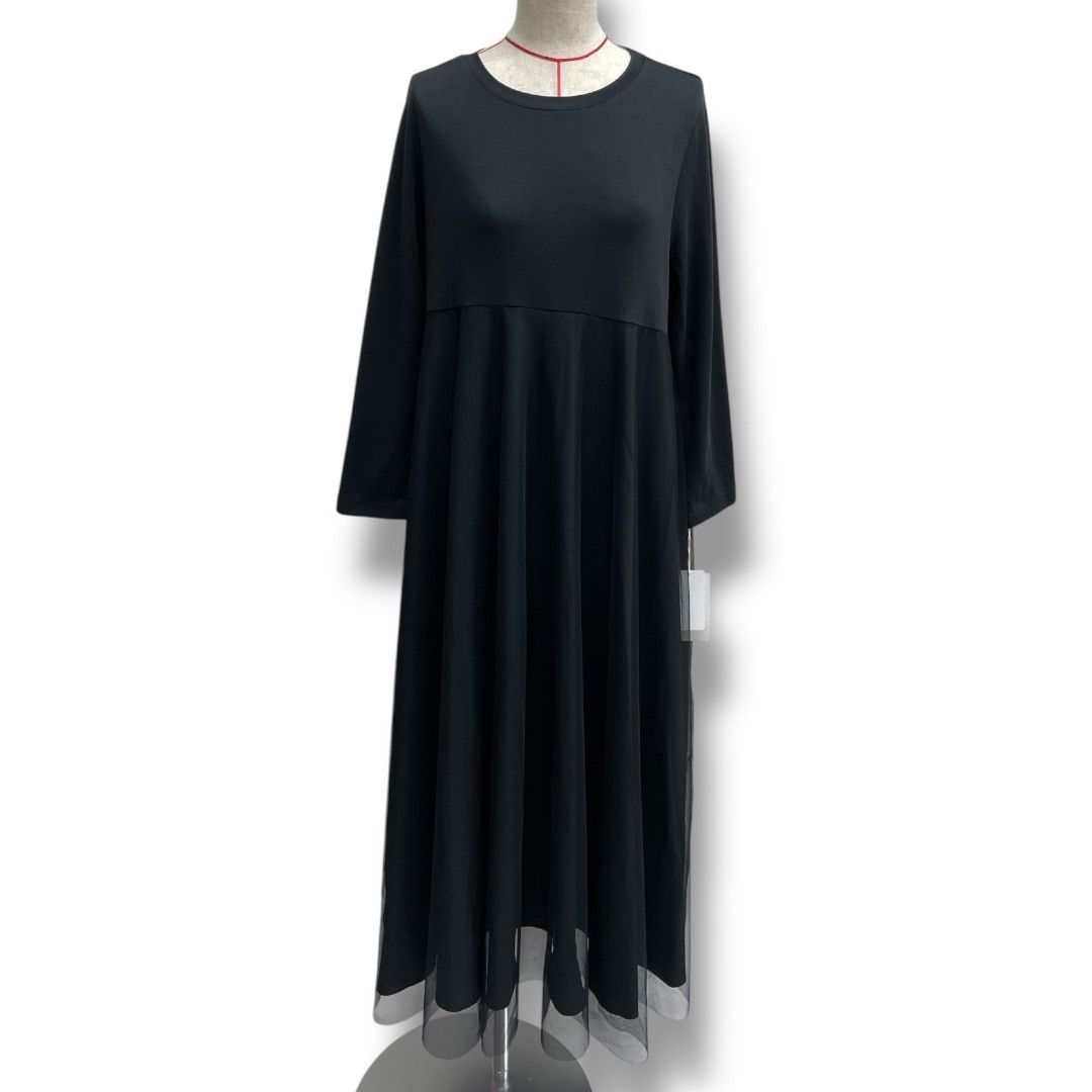 【美品】プラスオトハ チュール切替 ロングワンピース マキシ丈 黒 ブラック 美品】プラスオトハ チュール切替 ロングワンピース マキシ丈 黒