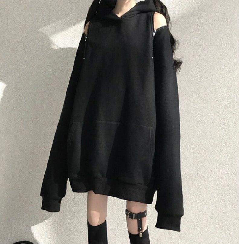 パーカー 両肩出し フード付き ブラック ビッグシルエット プル