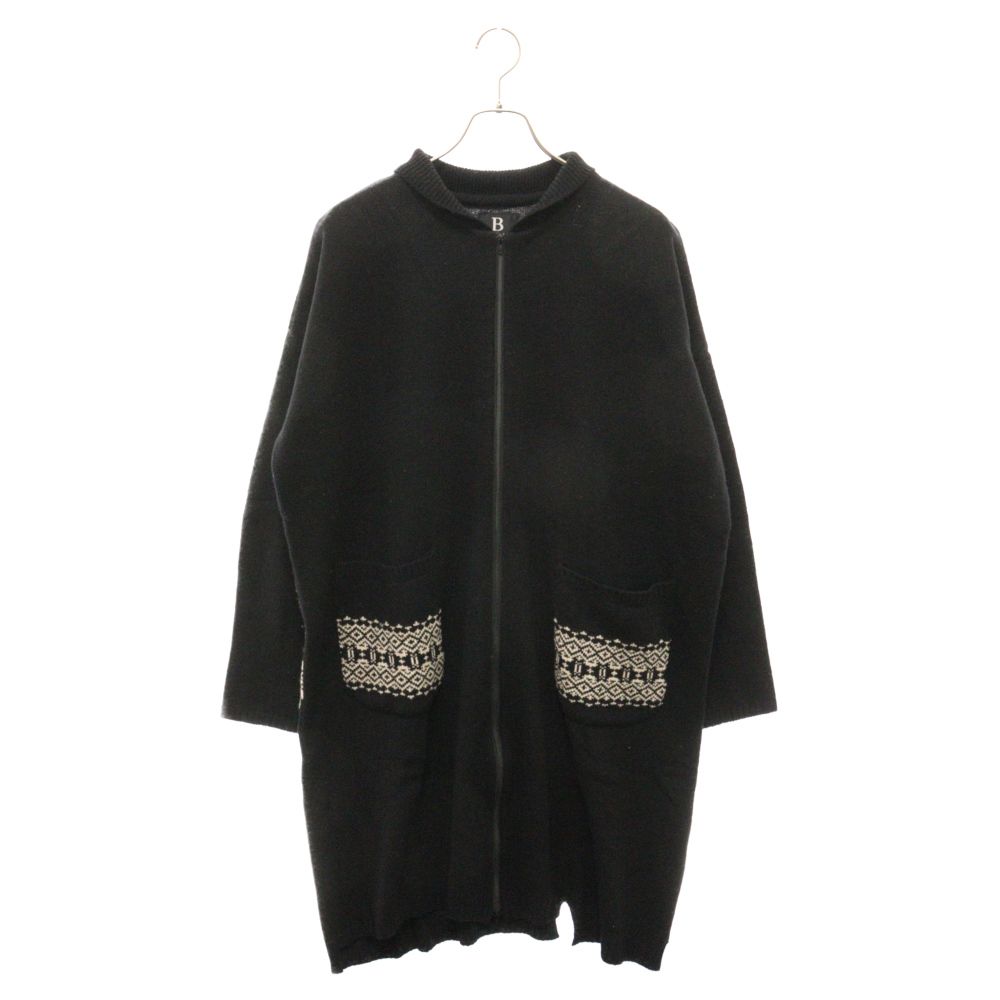 B Yohji Yamamoto (ビー ヨウジヤマモト) ジップアップ ノルディック ロング ニット ブラック NV-K56-184