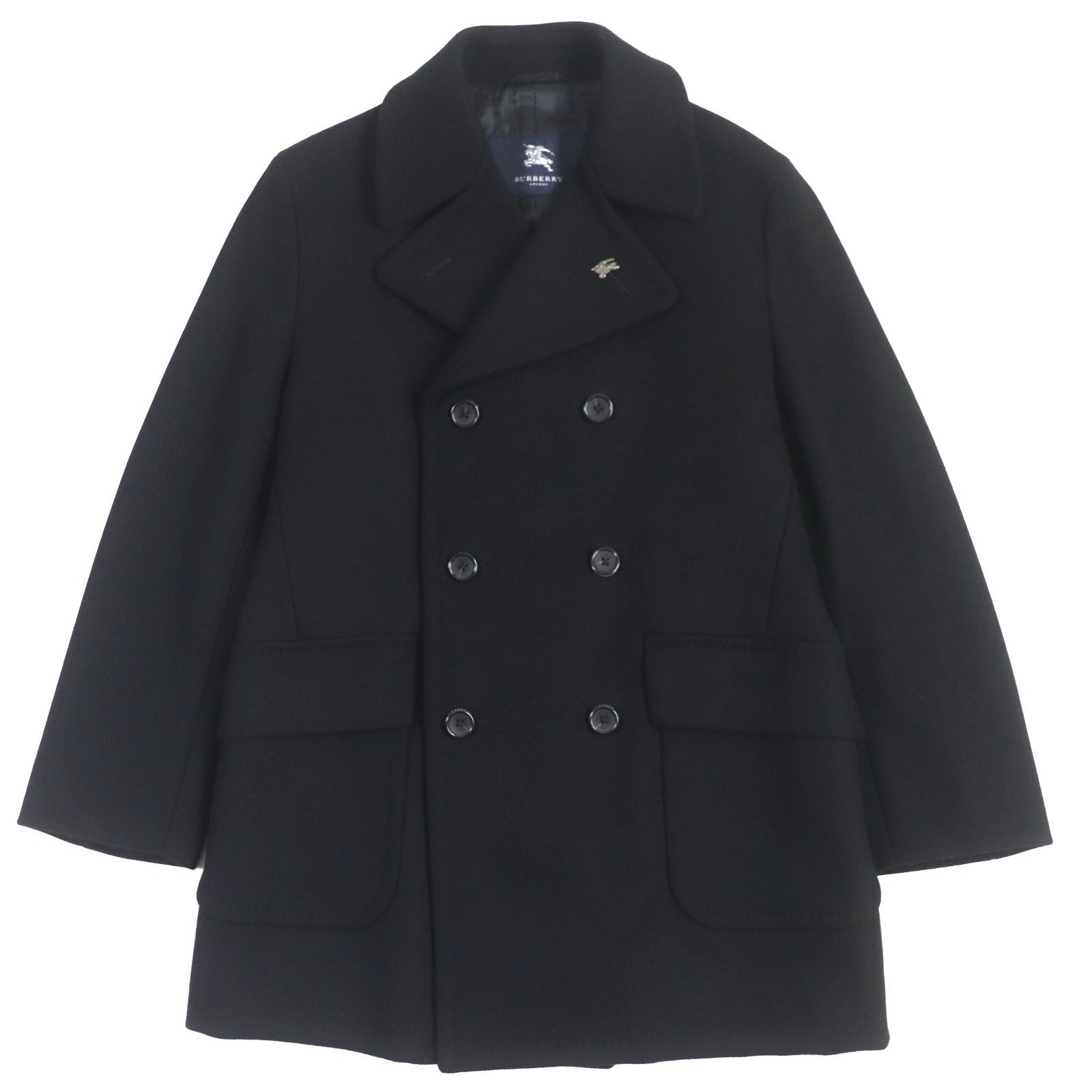 極美品BURBERRY バーバリー ウール カシミヤ ノバチェック使い ロゴ入りボタン ピンバッチ付き ダブルブレスト ハーフコート ピーコート ブラック M 日本製 正規品 メンズ