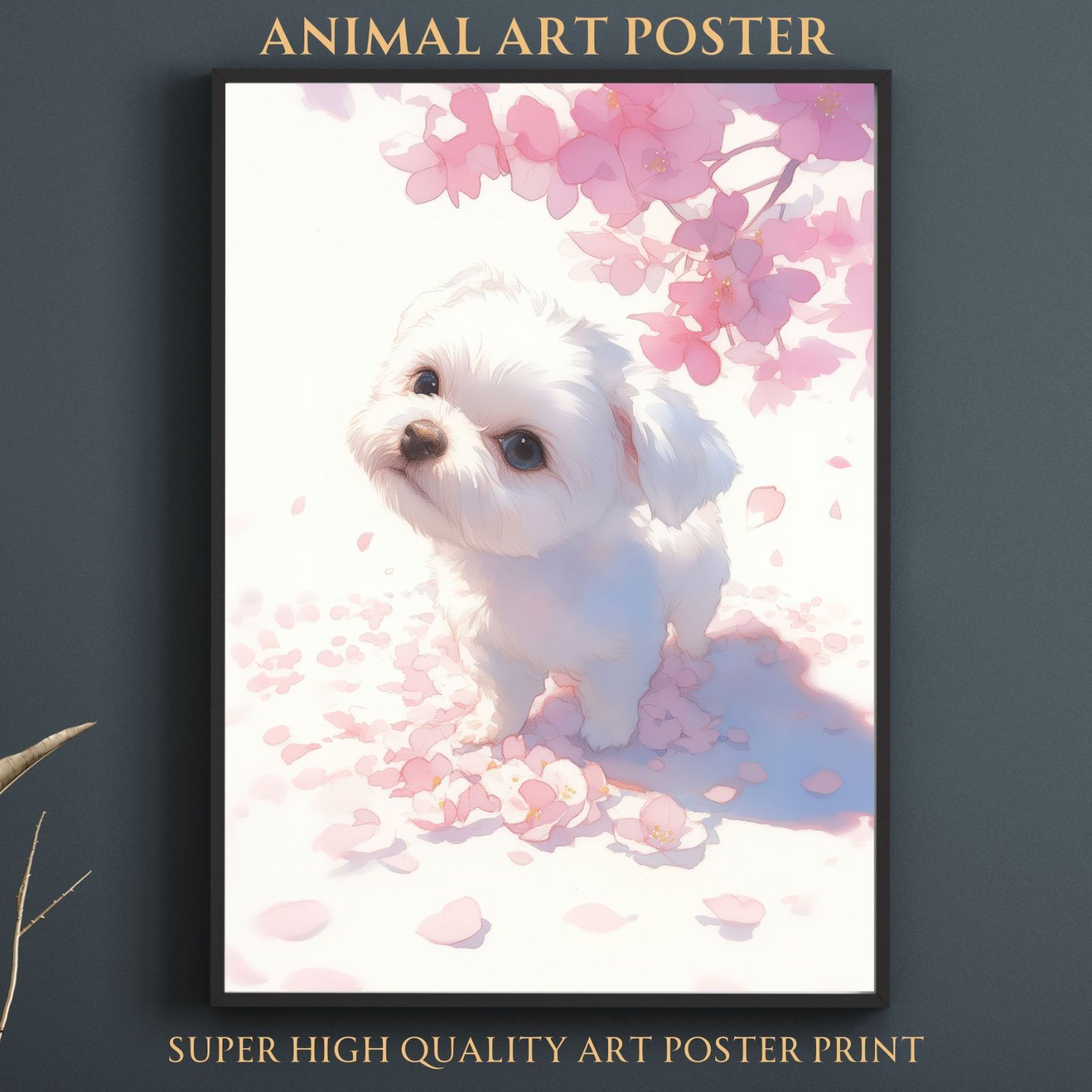 桜犬戯舞 - マルチーズ犬 No.1 桜 花見 春 花びら 子犬 ペットロス うちの子 記念日 アートポスター 犬の絵 犬のイラスト ギフト プレゼント