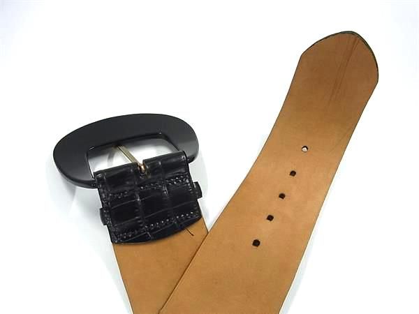 定価4.1万円*MaxMara 黒 レザー ベルト クロコダイル型押し □美品□ Max Mara マックスマーラ クロコダイル型押しレザー