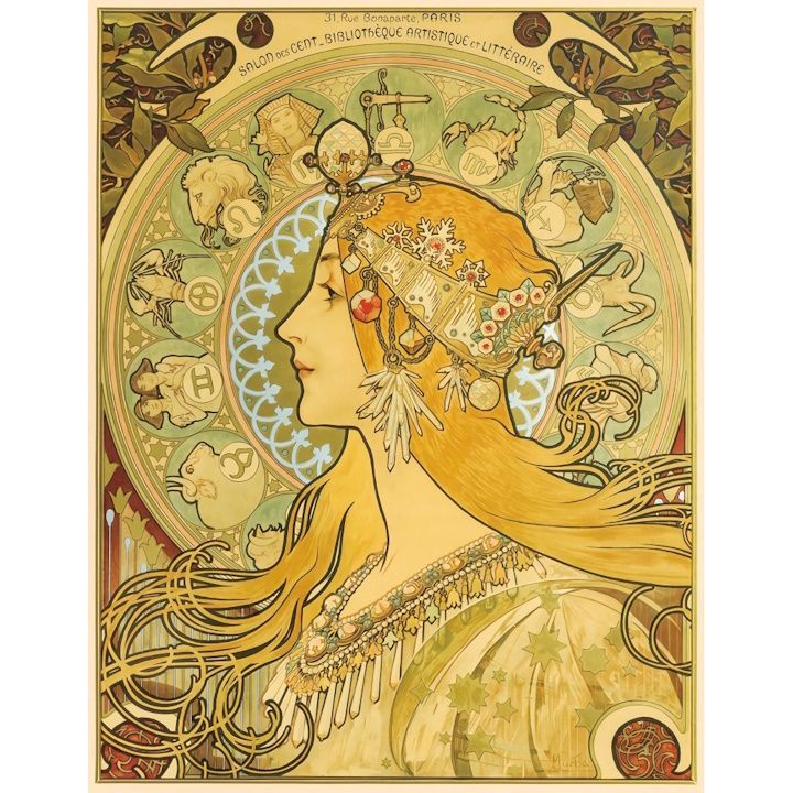 絵画風 壁紙ポスター (はがせるシール式) 【フルサイズ版】 アルフォンス・ミュシャ 黄道12宮 1896-97年 Zodiac アールヌーヴォー キャラクロ K-MCH-006BS1 (585mm×752mm) ＜日本製＞ ウォールステッカ