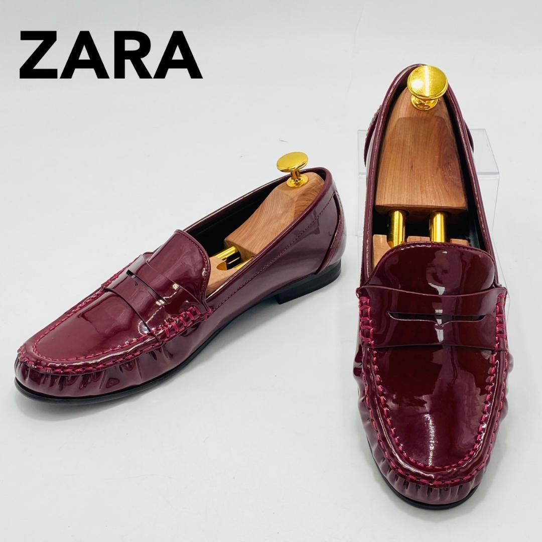 美品 ZARA コインローファー エナメル バーガンディ 37 ザラ