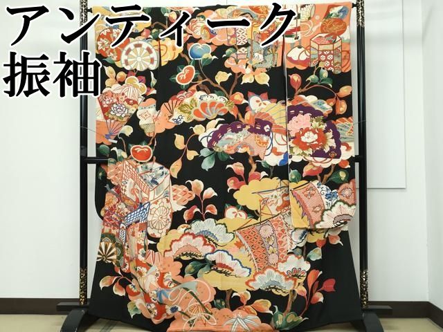 平和屋本店■極上　アンティーク　大正ロマン　振袖　御所車貝桶吉祥花文　黒地　金彩　逸品　CZAA3318s5 平和屋本店□極上 アンティーク 大正ロマン 振袖 御所車貝桶吉祥花文