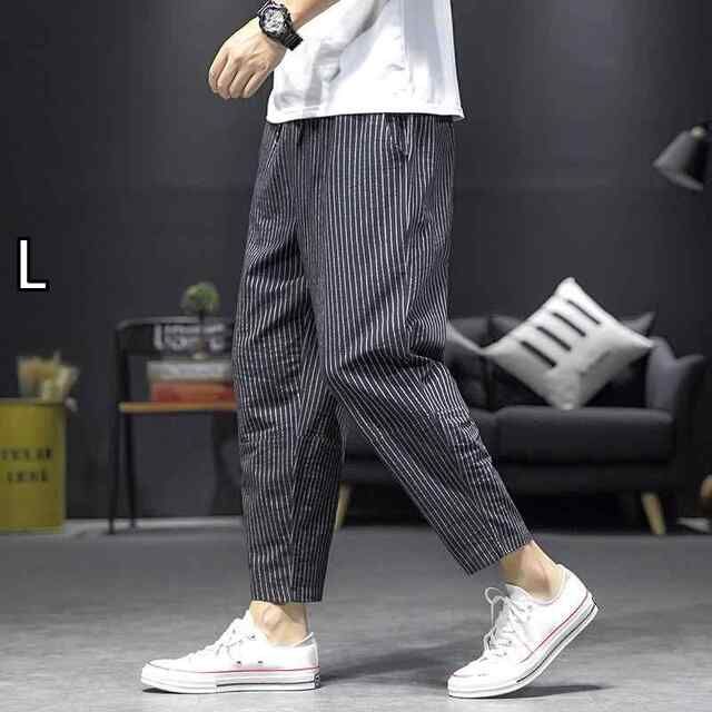 [L] メンズ ファッション 服 男性用 オシャレ シンプル 大人 かっこいい 大きいサイズ ストリート 紳士服 ストライプ パンツ 夏 薄手 ゆったり スーツ パンツ カジュアル 九分丈 レトロ 