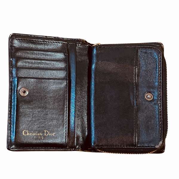 【美品】Dior レザー×キャンバス 二つ折り財布 トロッター 総柄 ネイビー ディオール Dior トロッター キャンバス×レザー 2つ折り財布