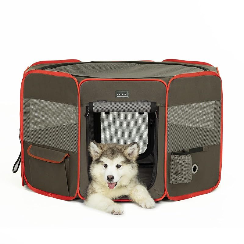 Petsfit 犬 サークル ペットサークル 八角形 ドッグハウス パッと開いてすぐ使える 猫の産屋 猫の分娩室 折りたたみ 犬猫兼用 メッシュ 屋根付き 軽量 収納バッグ付き 部屋のインテリアに馴染み キャンプ アウトドア お出かけ用品 中小ペット 1