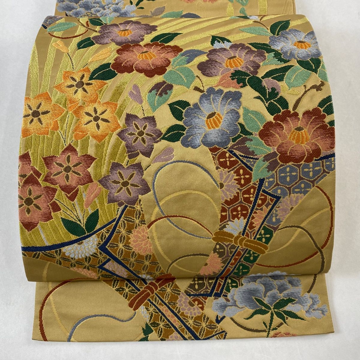 名古屋帯 美品 秀品 紬地 松竹梅 鳥 濃紺 正絹 中古（開き名古屋