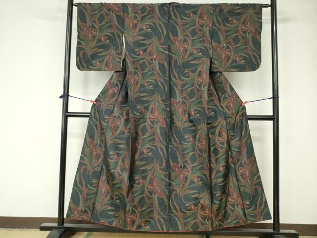 平和屋着物▽上質な紬 単衣 花織 横段文 正絹 逸品 AAAW7687fy