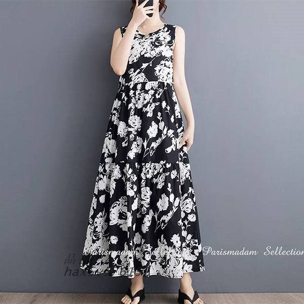 コットンロングワンピース プリント柄ワンピ ティアードスカート ノースリーブ ミモレ丈ワンピース お出かけ女子会20代30代40代50代60代 hax5v576152