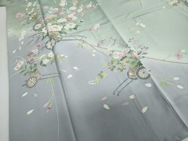 平和屋着物●訪問着　友禅　作家物　松寿縮緬　草花文　暈し染め　反端付き　正絹　逸品　未使用　DAAZ7234ud 平和屋着物○訪問着 友禅 作家物 花車文 暈し染め 正絹 逸品