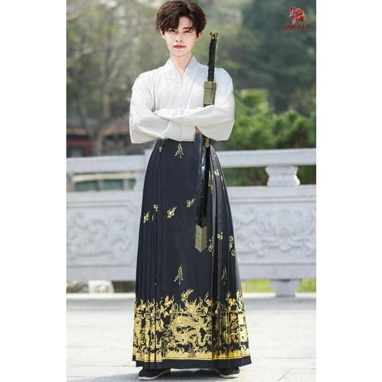 大人 漢服 上下セットアップ メンズ レディース 中華服 中華コスプレ衣装 長袖 白い 交差襟のブラウス 黒い ロング丈 巻きスカート プリー