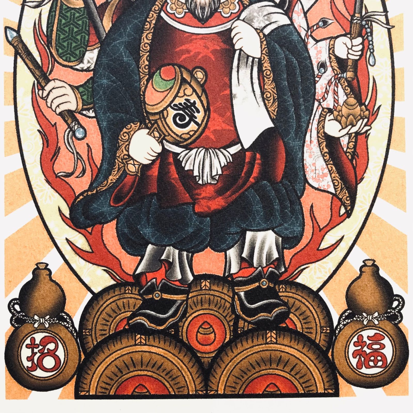 尾九 開運 イラスト 七福神 大黒天 A4サイズ 黒色フレーム 運気アップ