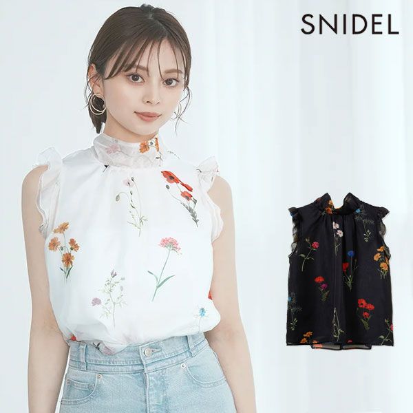 10%OFF スナイデル SNIDEL トップス 25春夏 ノースリバックリボンプリントブラウス ミドル丈 ノースリーブ 花柄 swfb252192