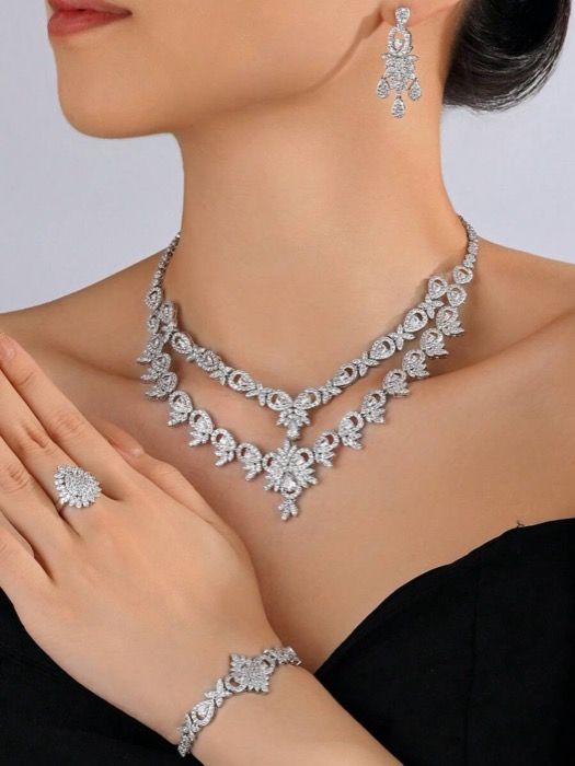 ジュエリー レディース セット 4点セット ブライダルジュエリー - ネックレス ピアス フルジルコニアストーン ウェディングドレスに最適 ヨーロッパ サウジアラビア ドバイ