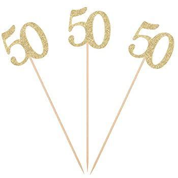 10個パック ゴールドグリッター 50歳の誕生日 センターピース スティック 数字 50 テーブルトッパー 年齢の文字 デコレーション