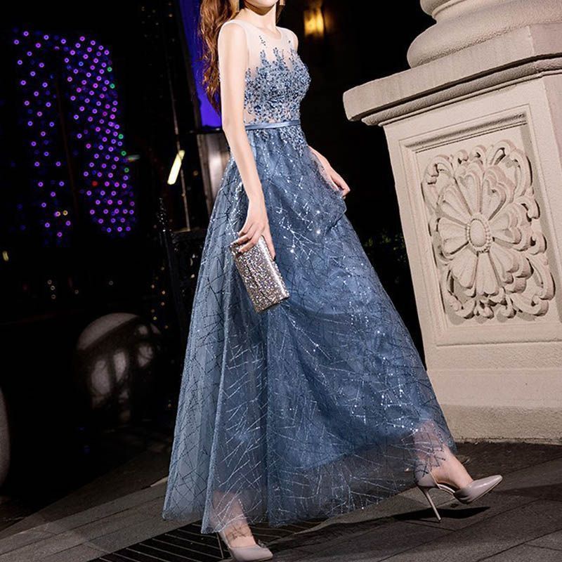 ♥ カラードレス 青 安い イブニングドレス 花嫁 ロング パーティードレス 演奏会 フォーマルドレス 結婚式 二次会 カクテルドレス 袖なし ノースリーブ ラメxz