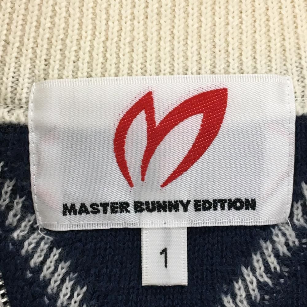 来店をご期待! マスターバニー ニットジャケット 白×ネイビー ダイヤ柄 ウール混 レディース 1 M ゴルフウェア MASTER BUNNY EDITION 廃盤モデル