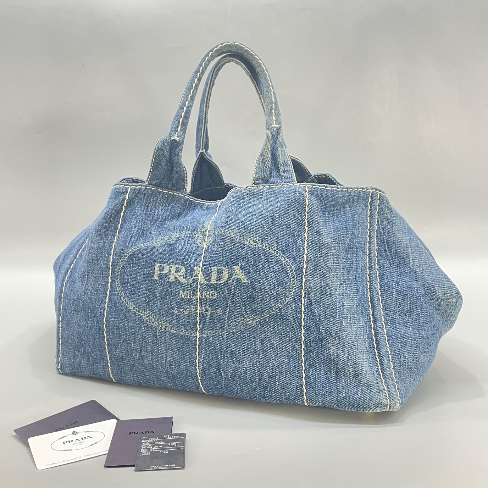 本物保証 PRADA プラダ カナパ デニム トートバッグ 三角プレート L 