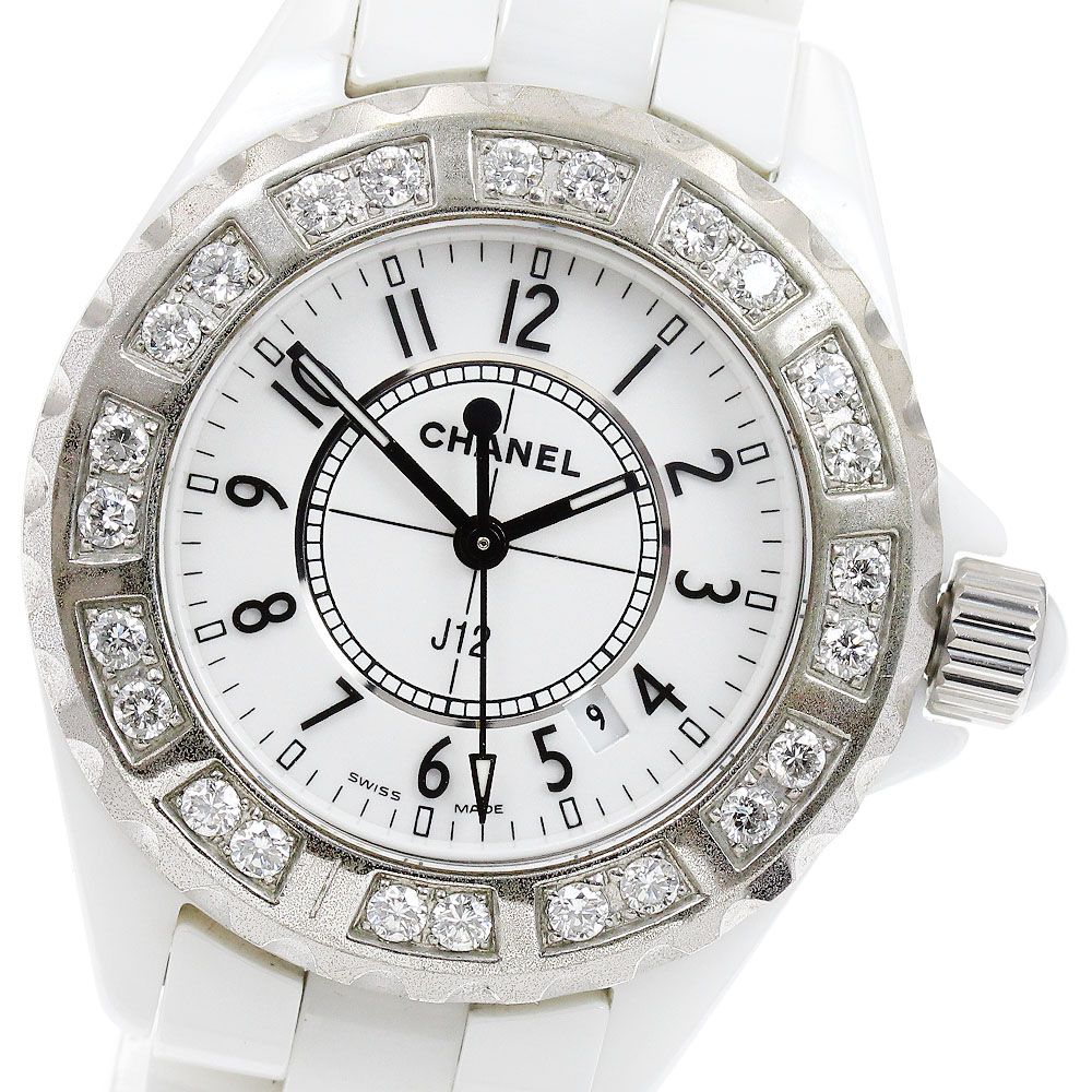 シャネル CHANEL H0968 J12 33ｍｍ 白セラミック アフターダイヤベゼル クォーツ レディース_910052