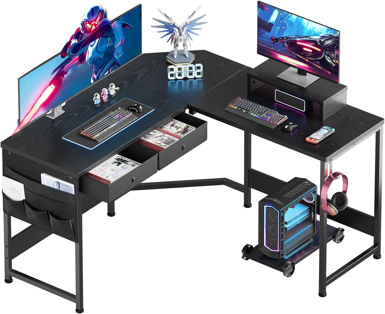 YeTom L字デスク 机 パソコンデスク サイド収納袋付き pcデスク