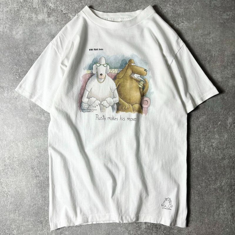 90s USA製 THE FAR SIDE ジョーク キャラクター プリント 半袖 Tシャツ L / 90年代 アメリカ製 オールド シングル ステッチ 白