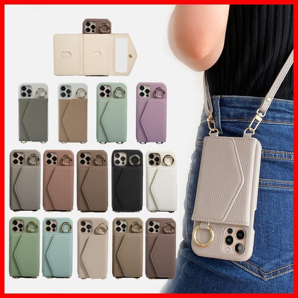 【在庫処分】pro スマホケース ショルダー タイプ 携帯ケース iphone12/iphone12 背面手帳型 背面カード収納 鏡付き 肩掛け 斜めかけ リング付き ミラー付き カード収納 背面ポケット 財布付き マ