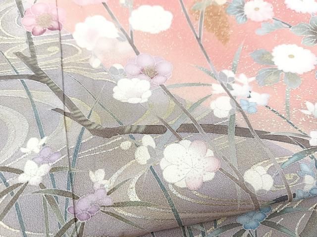 平和屋着物●十日町友禅作家　松雨　訪問着　流水花鳥文　暈し染め　金銀彩　正絹　逸品　BAAT0924yc 平和屋着物○十日町友禅作家 松雨 訪問着 流水花鳥文 暈し染め 金銀彩