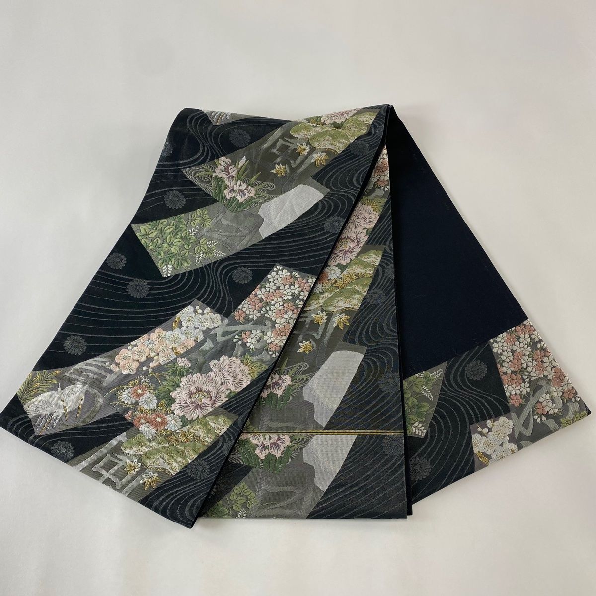 袋帯 秀品 花鳥風月 短冊 草花 金糸 墨色 六通 正絹 【中古