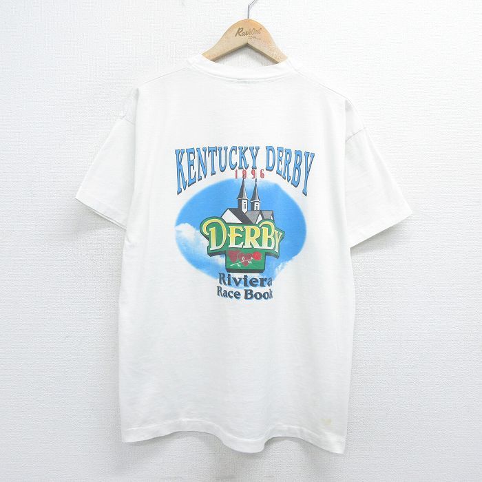 XL/古着 フルーツオブザルーム 半袖 ビンテージ Tシャツ メンズ 90s 馬 ダービー お城 クルーネック 白 ホワイト 24feb24 中古