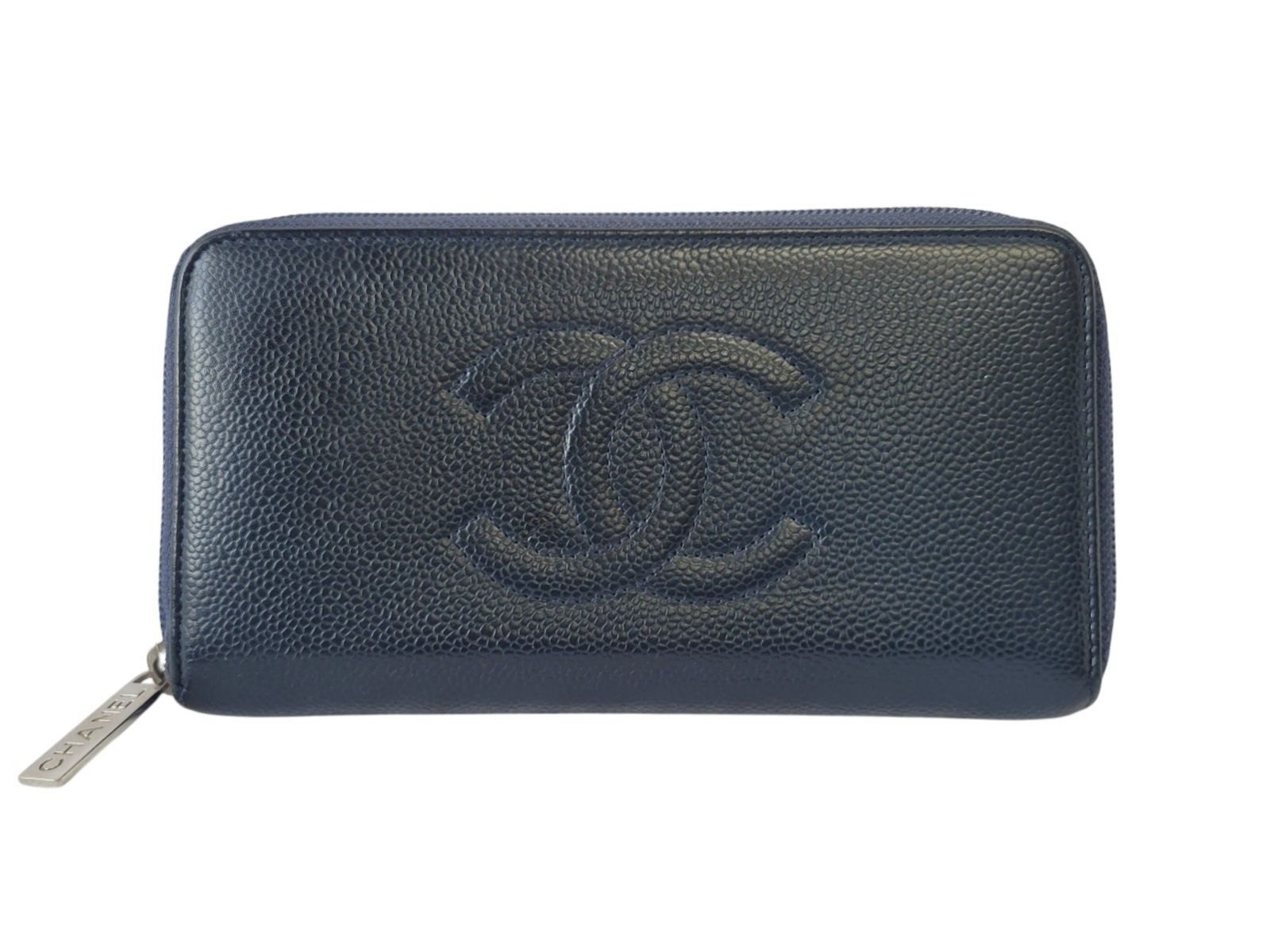 シャネル キャビアスキン ココマーク デカココ ラウンドファスナー長財布 ネイビー CHANEL