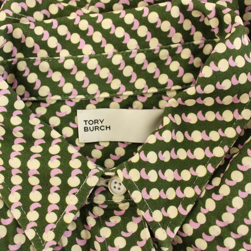 TORY BURCH ブラウス　シルク　半袖ブラウス　総柄　XL トリーバーチ TORY BURCH シャツ ブラウス 半袖 総柄 S 緑