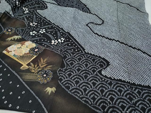 平和屋着物○訪問着 絞り 扇面草花文 黒地 金銀彩 正絹 逸品