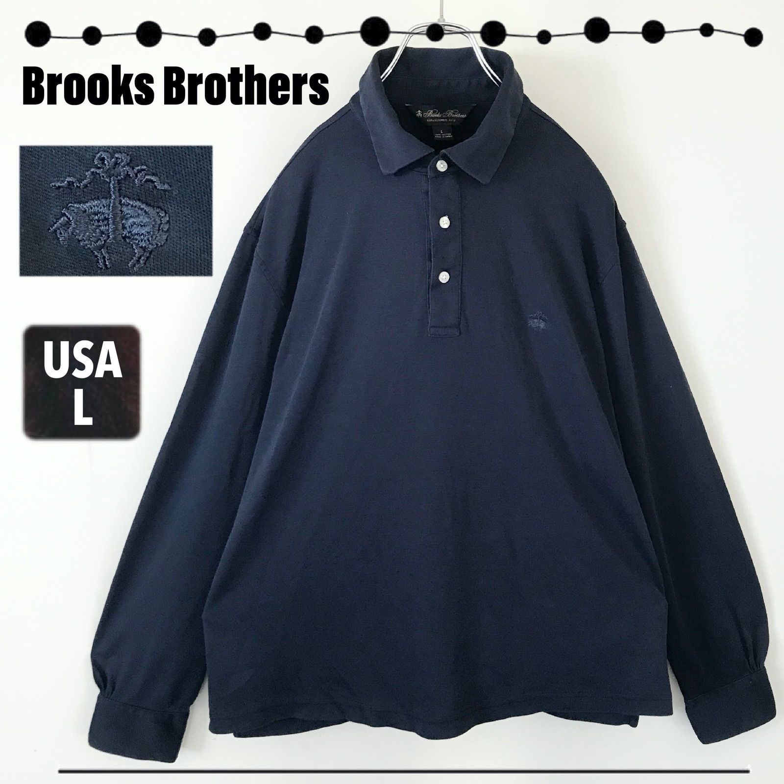 ブルックスブラザーズ Brooks Brothers★プルオーバー★ストレッチ★ニットシャツ★長袖★ワンポイントRF刺繍ロゴ★USAメンズL  2404A053