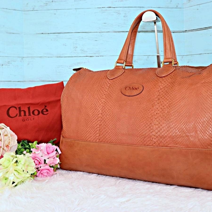 Chloe クロエ パイソンボストンバッグ ピンクベージュ 大容量旅行バッグ