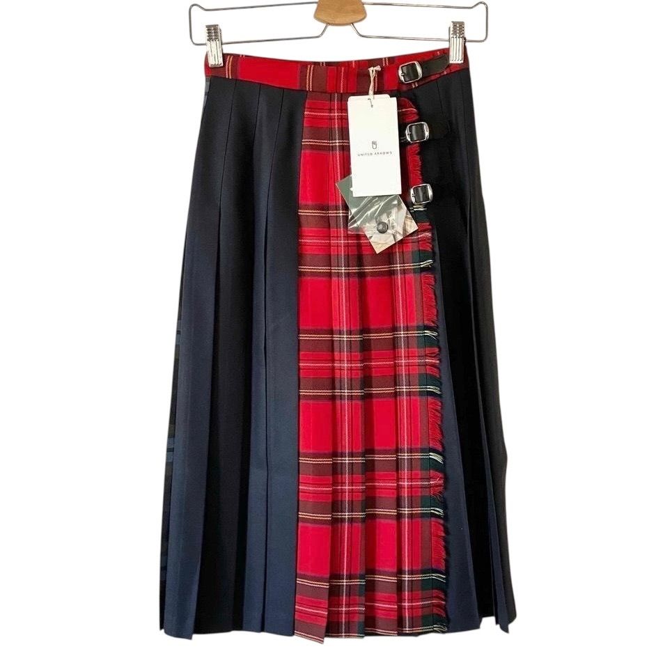 O NEIL of DUBLIN UNITED ARROWS別注 ON NEW PATCHWORK キルトスカート GB8 US6 レッド 赤 オニールオブダブリン ユナイテッドアローズ プリーツ ウーステッドウール