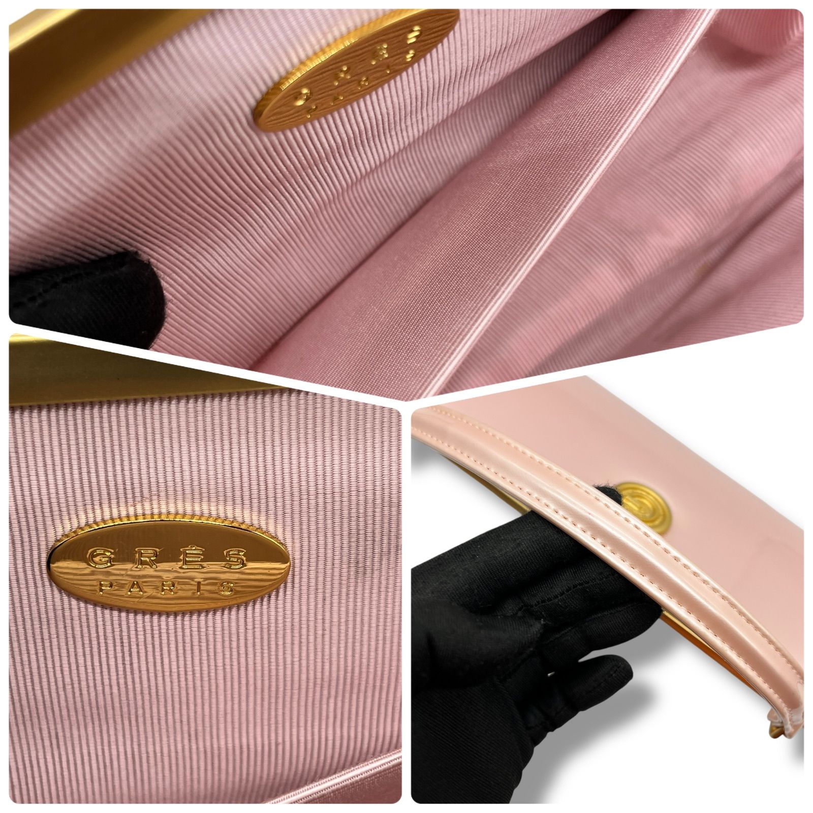 GRES ハンドバッグ がま口 エナメル レザー ピンク ゴールド金具 1441 GRES ハンドバッグ がま口 エナメル レザー ピンク ゴールド金具