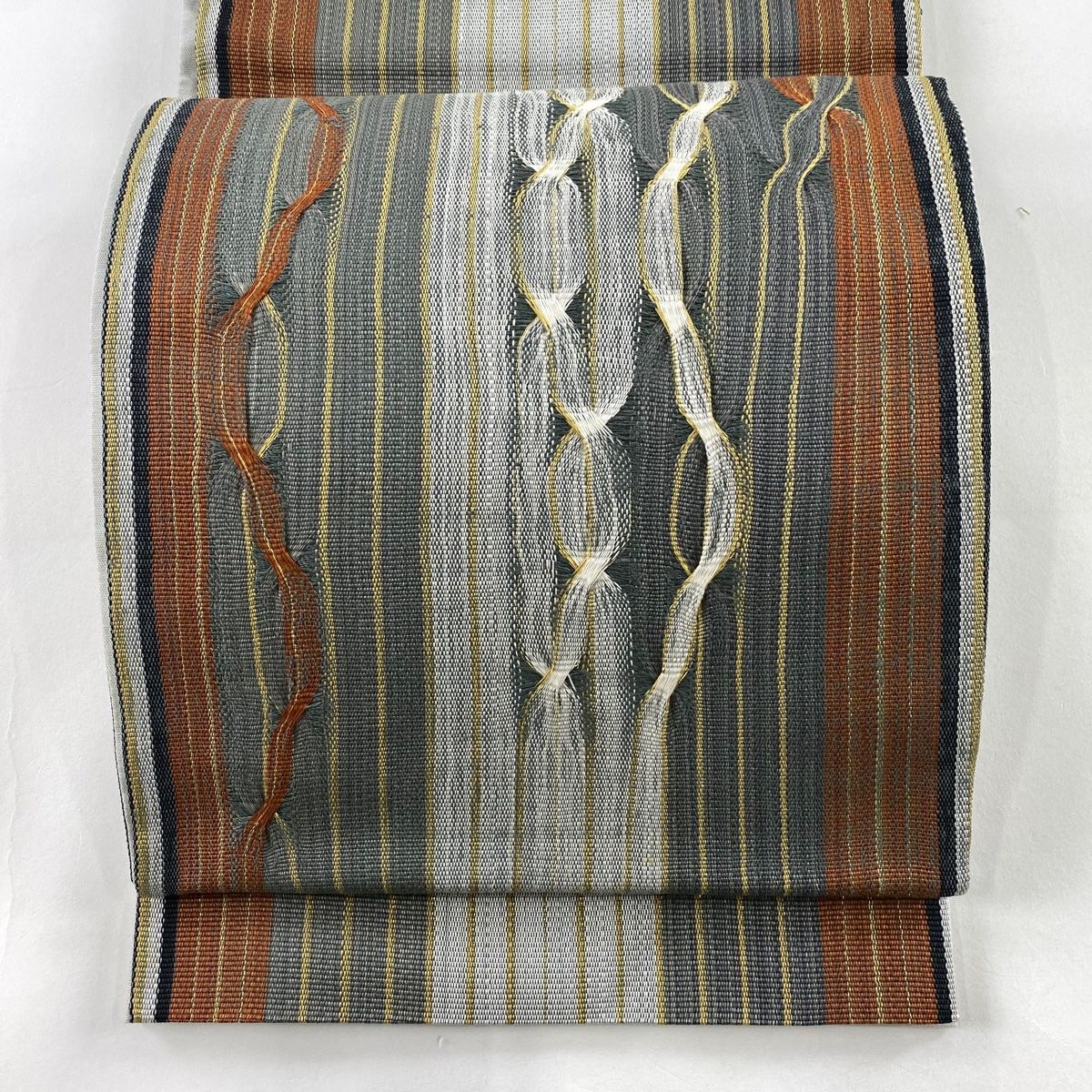 袋帯 秀品 縞 幾何学 金糸 灰緑 お太鼓柄 正絹