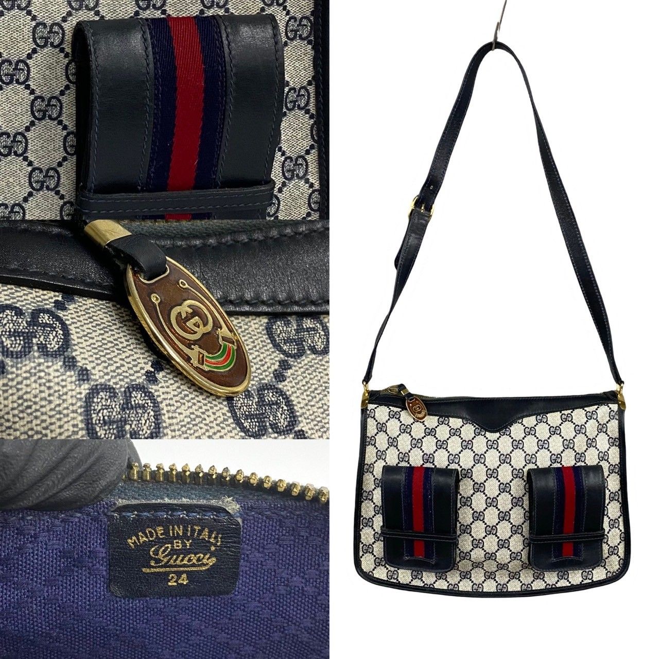 極 美品 GUCCI グッチ オールドグッチ ヴィンテージ シェリーライン GG 柄 レザー 本革 ショルダーバッグ サコッシュ ネイビー 30915  - メルカリ