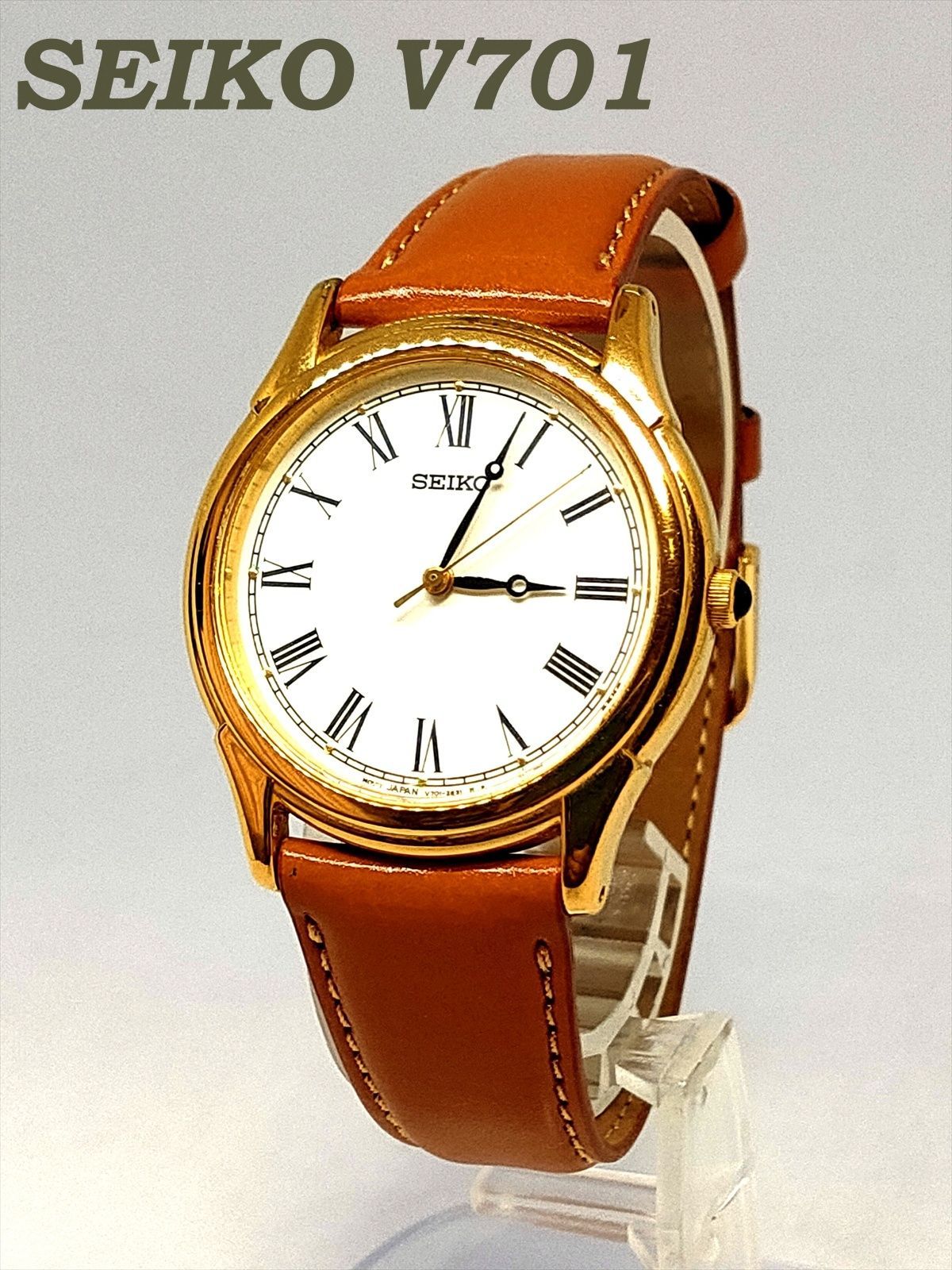 稼働品】SEIKO セイコー V701-1920 クォーツ ゴールド 腕時計 レザー 